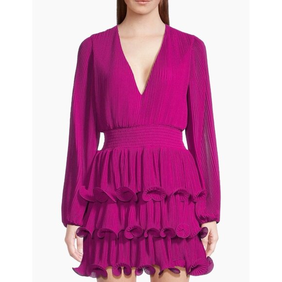 Women Milly Ryan A-Line Chiffon Dress Size 6 M Fuchsia Hem Ruffle V-Neck Layered - Picture 4 of 16